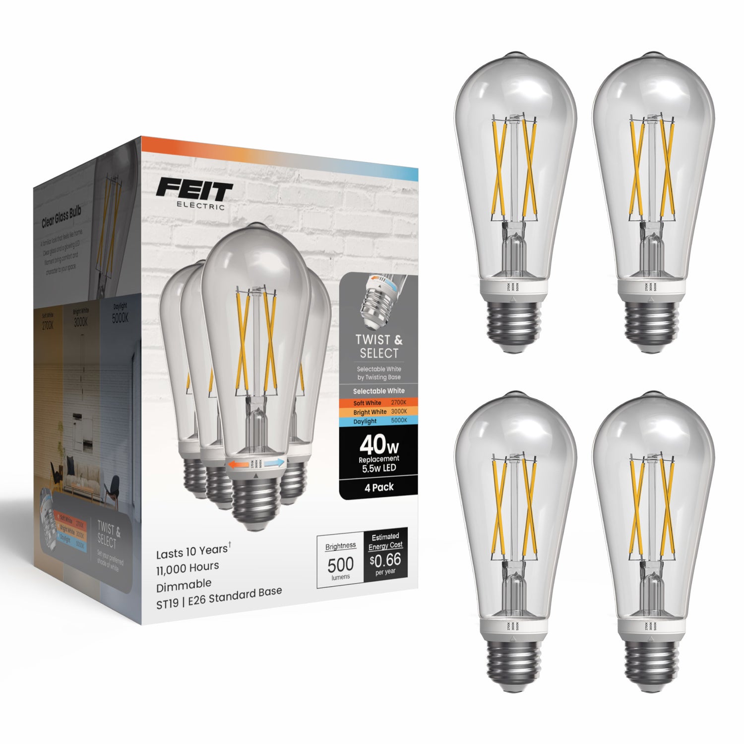 5.5W (40W Replacement) Twist & Select ST19 E26 Dimmable Edison LED Bulb (4-Pack)