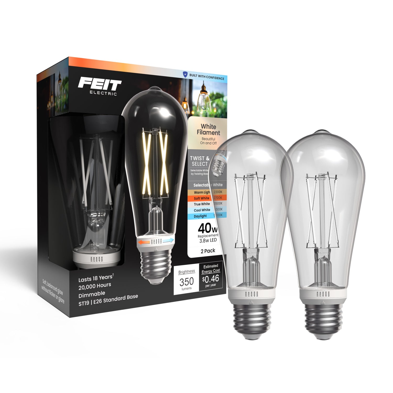 3.8W (40W Replacement) Twist & Select ST19 E26 Dimmable White Filament Clear Edison LED Bulb (2-Pack)