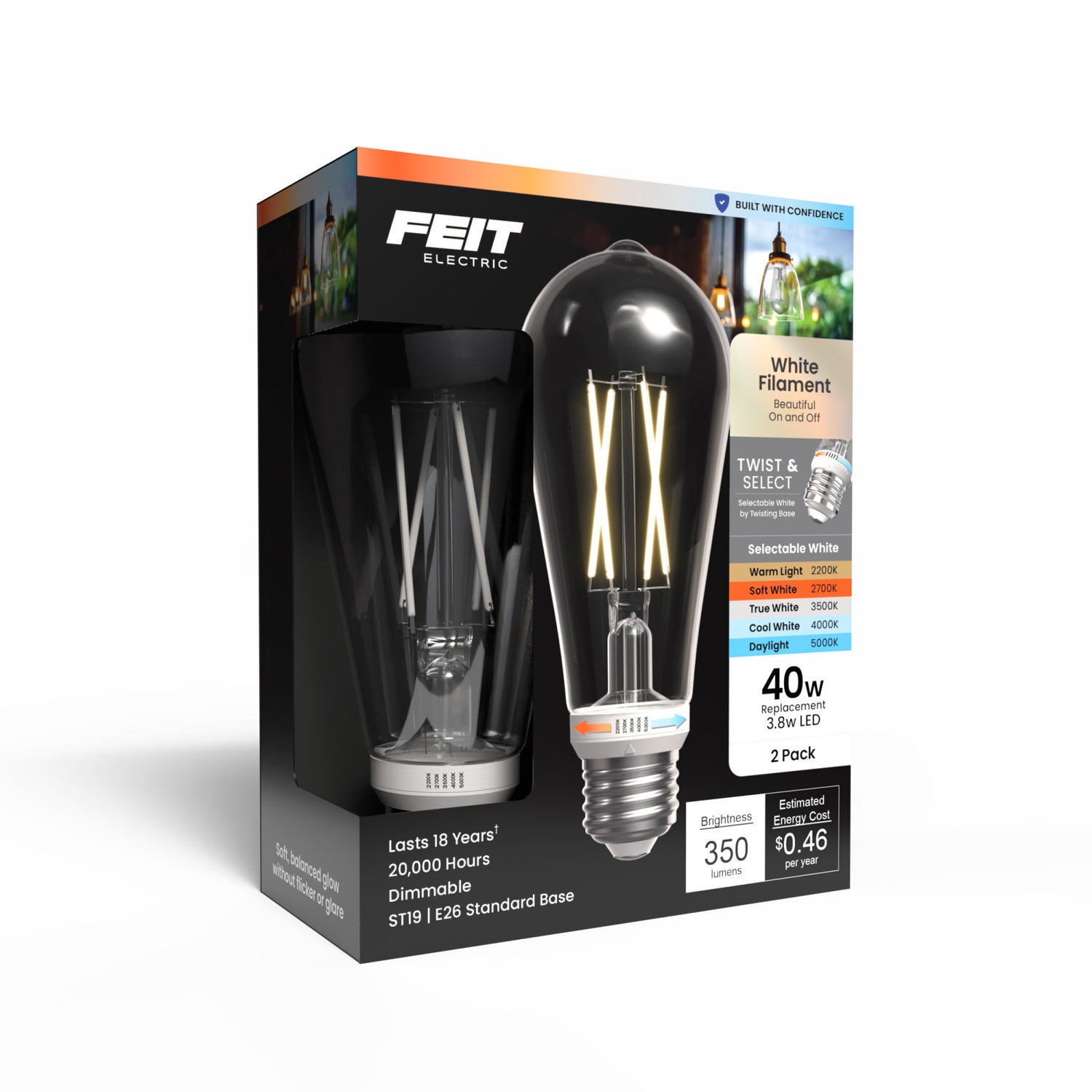 3.8W (40W Replacement) Twist & Select ST19 E26 Dimmable White Filament Clear Edison LED Bulb (2-Pack)