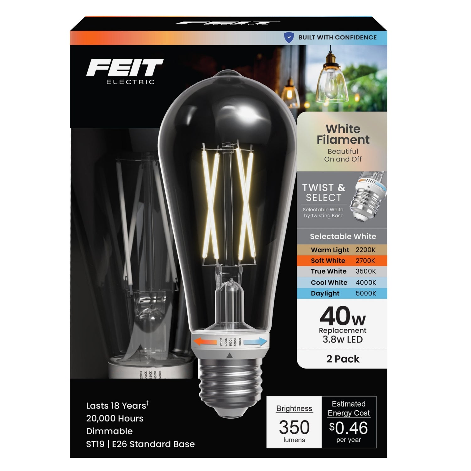 3.8W (40W Replacement) Twist & Select ST19 E26 Dimmable White Filament Clear Edison LED Bulb (2-Pack)