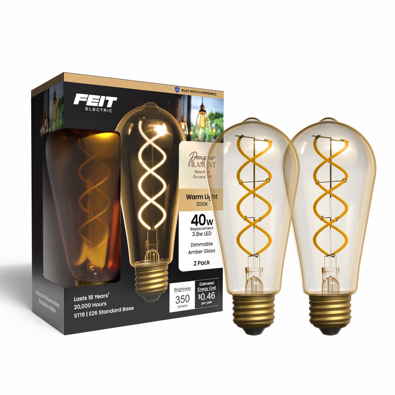 3.8W (40W Replacement) Amber ST19 E26 Dimmable Vintage Spiral Filament Edison LED Bulb, Warm Light (2-Pack)