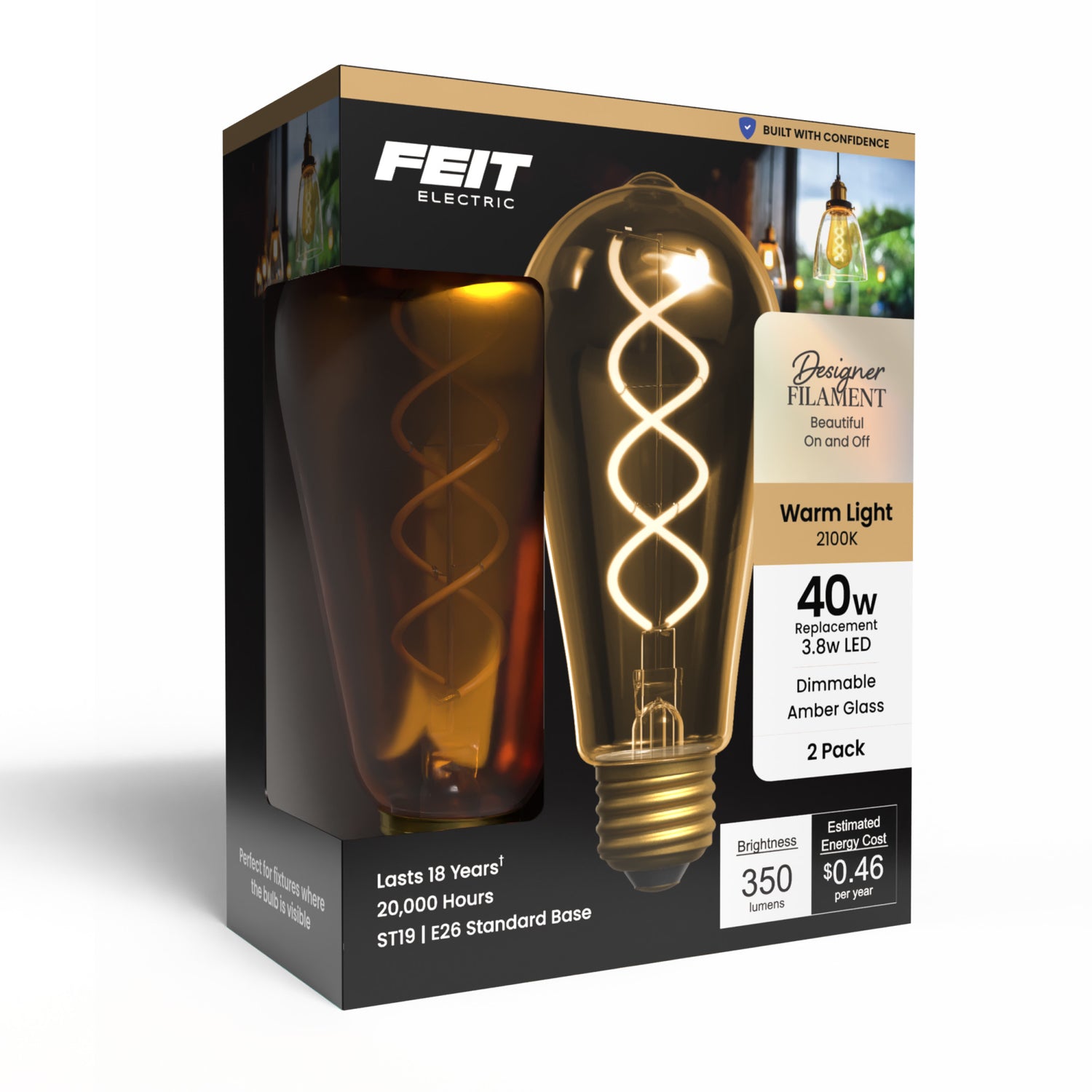 3.8W (40W Replacement) Amber ST19 E26 Dimmable Vintage Spiral Filament Edison LED Bulb, Warm Light (2-Pack)