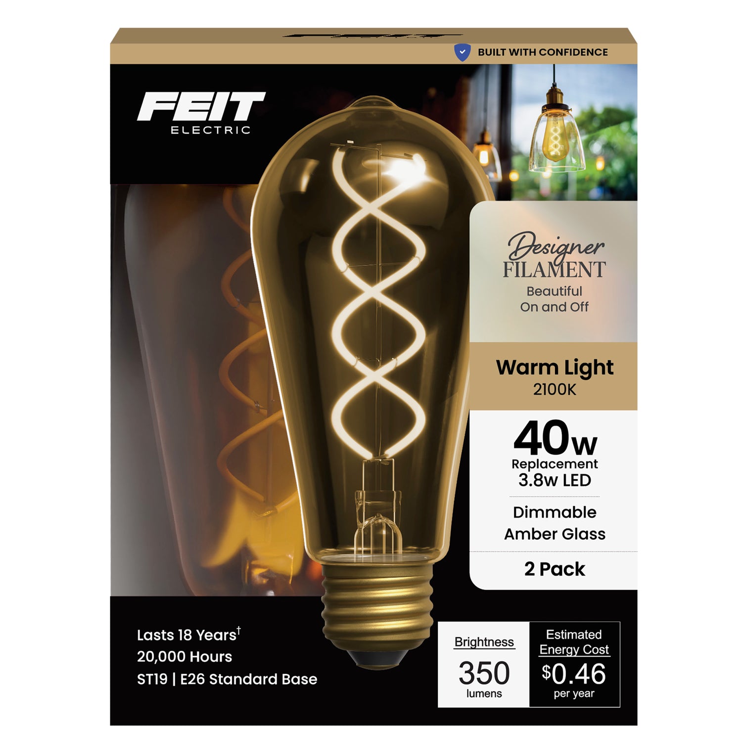 3.8W (40W Replacement) Amber ST19 E26 Dimmable Vintage Spiral Filament Edison LED Bulb, Warm Light (2-Pack)