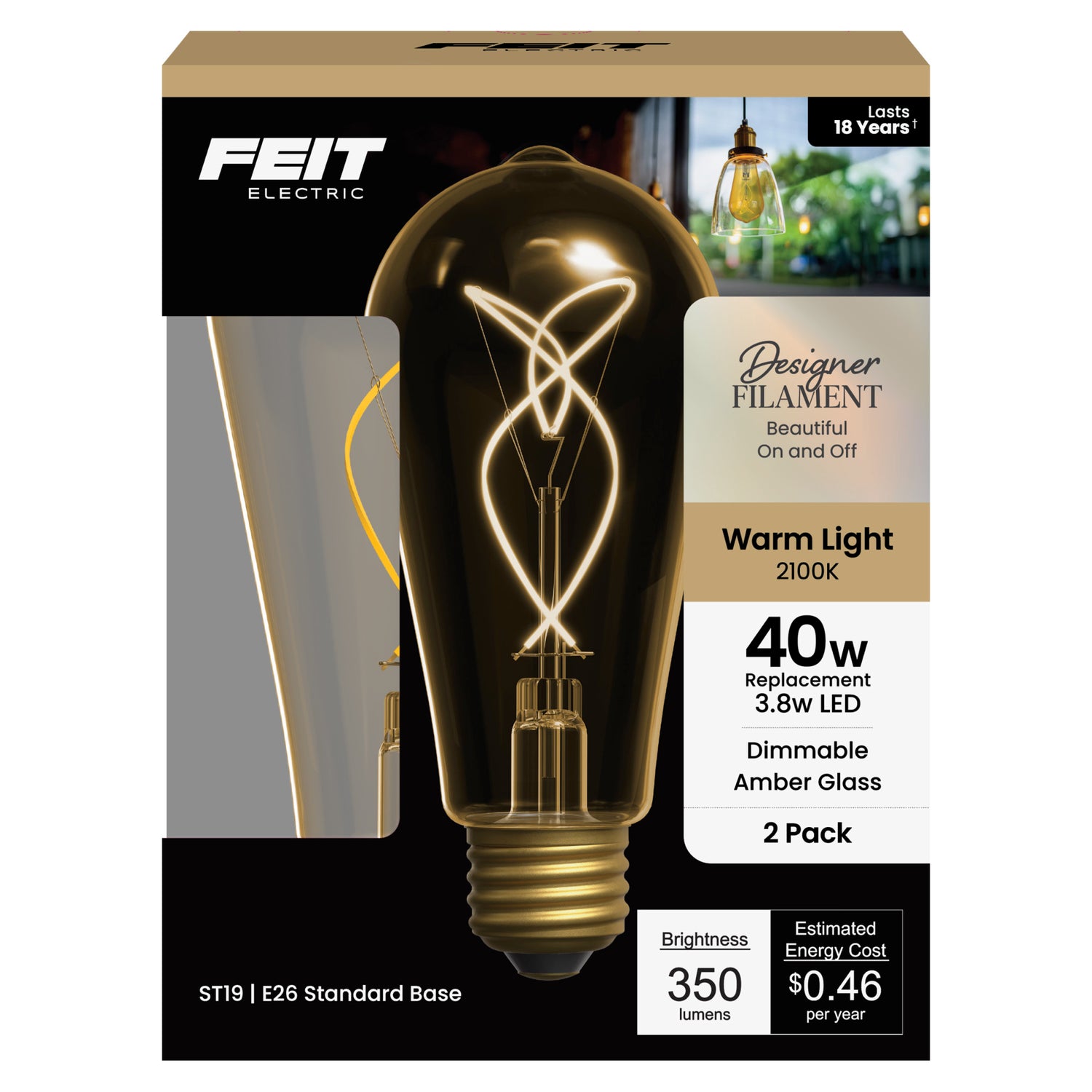 3.8W (40W Replacement) Amber ST19 E26 Dimmable Vintage Knot Filament Edison LED Bulb, Warm Light (2-Pack)