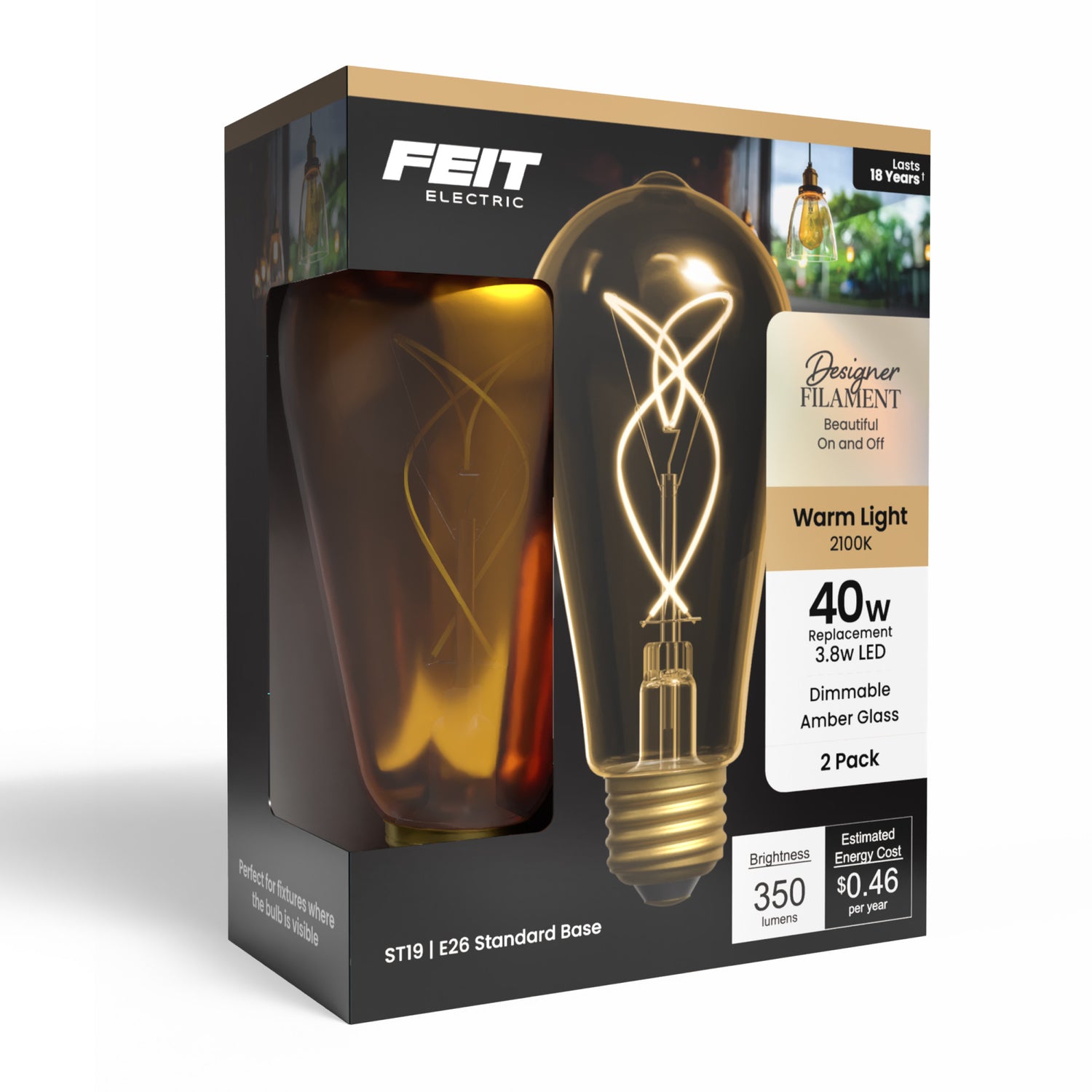 3.8W (40W Replacement) Amber ST19 E26 Dimmable Vintage Knot Filament Edison LED Bulb, Warm Light (2-Pack)