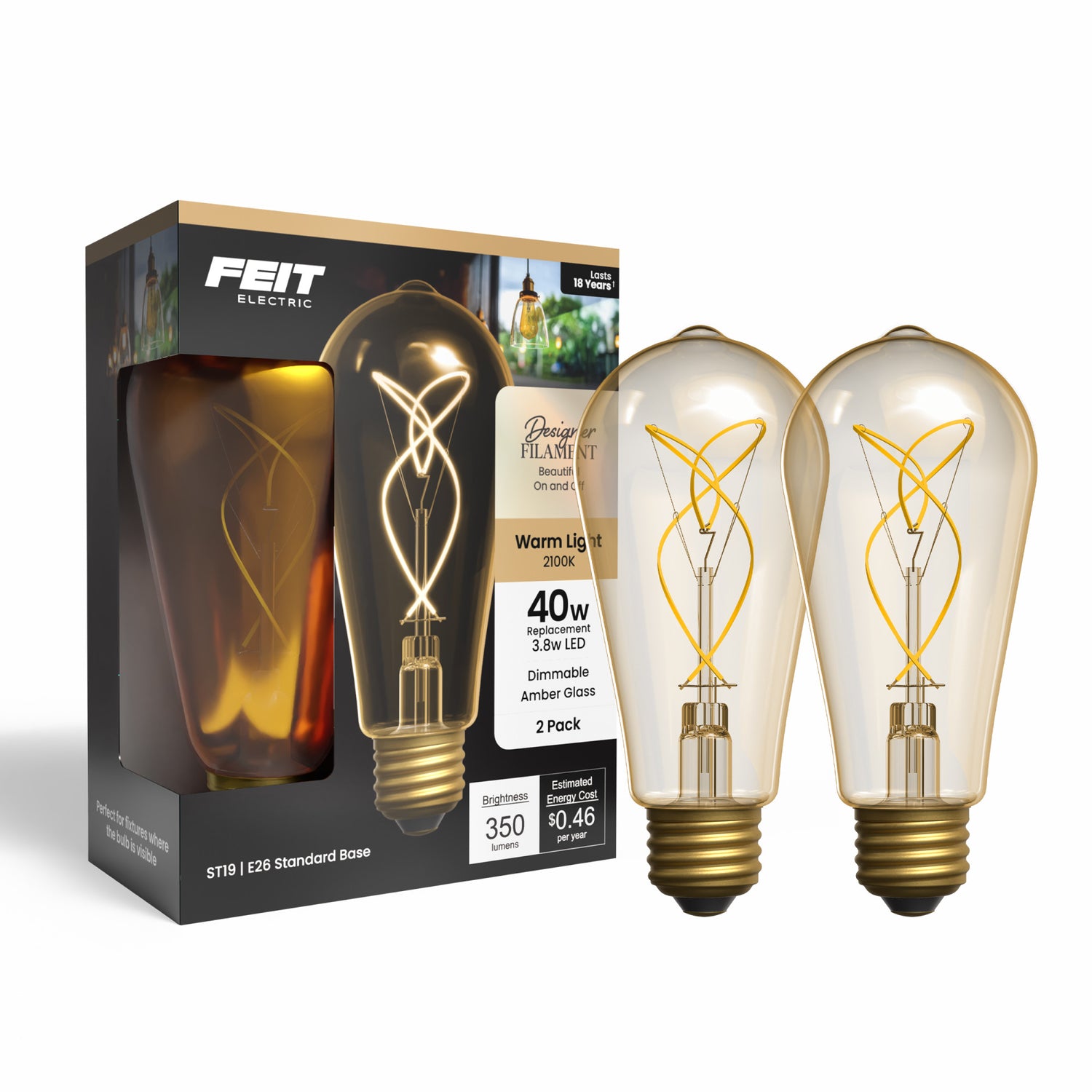 3.8W (40W Replacement) Amber ST19 E26 Dimmable Vintage Knot Filament Edison LED Bulb, Warm Light (2-Pack)