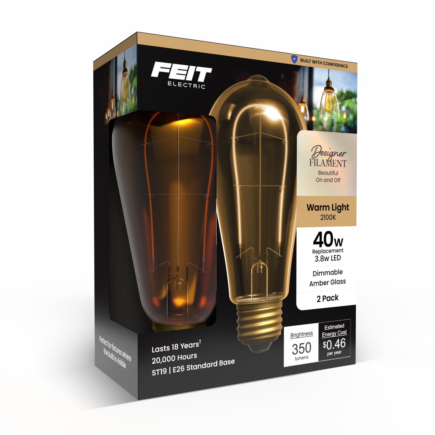 3.8W (40W Replacement) Amber ST19 E26 Dimmable Vintage U Filament Edison LED Bulb, Warm Light (2-Pack)