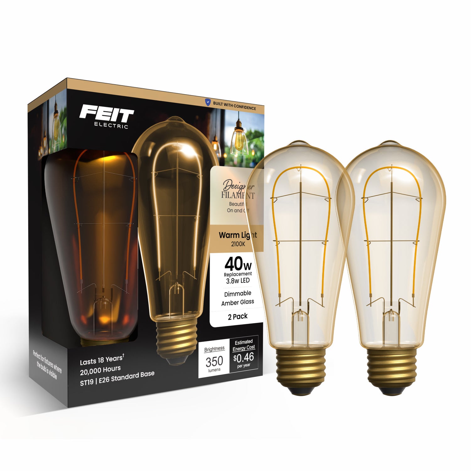3.8W (40W Replacement) Amber ST19 E26 Dimmable Vintage U Filament Edison LED Bulb, Warm Light (2-Pack)