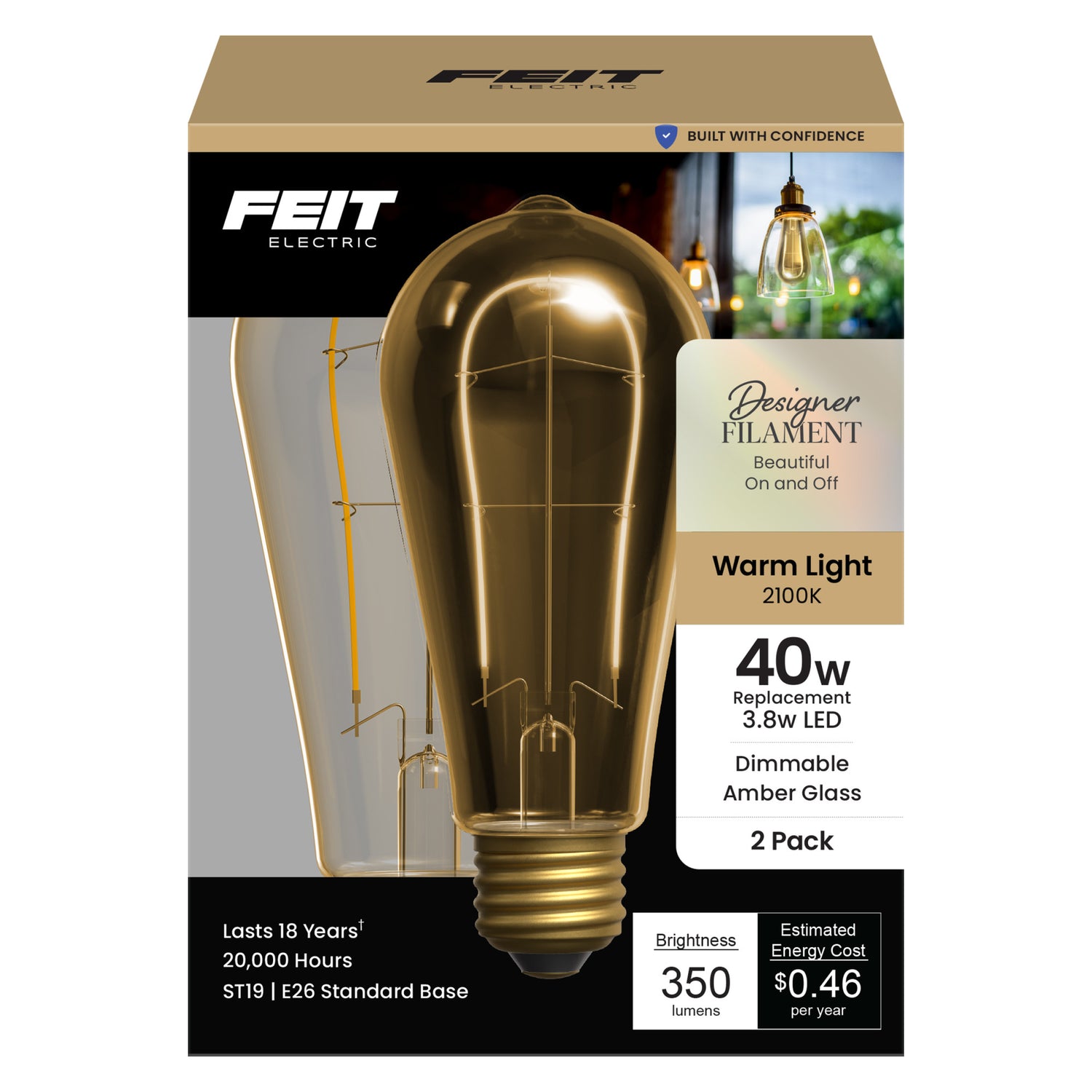 3.8W (40W Replacement) Amber ST19 E26 Dimmable Vintage U Filament Edison LED Bulb, Warm Light (2-Pack)