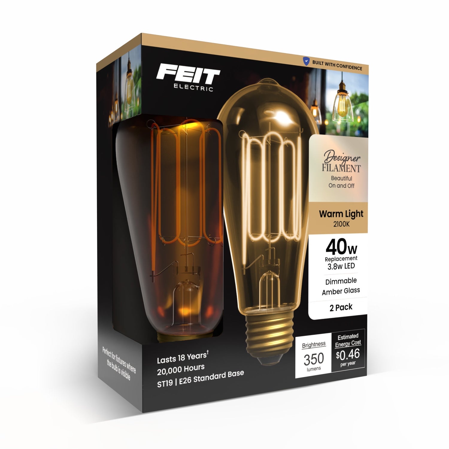 3.8W (40W Replacement) Amber ST19 E26 Dimmable Vintage Wound Filament Edison LED Bulb, Warm Light (2-Pack)