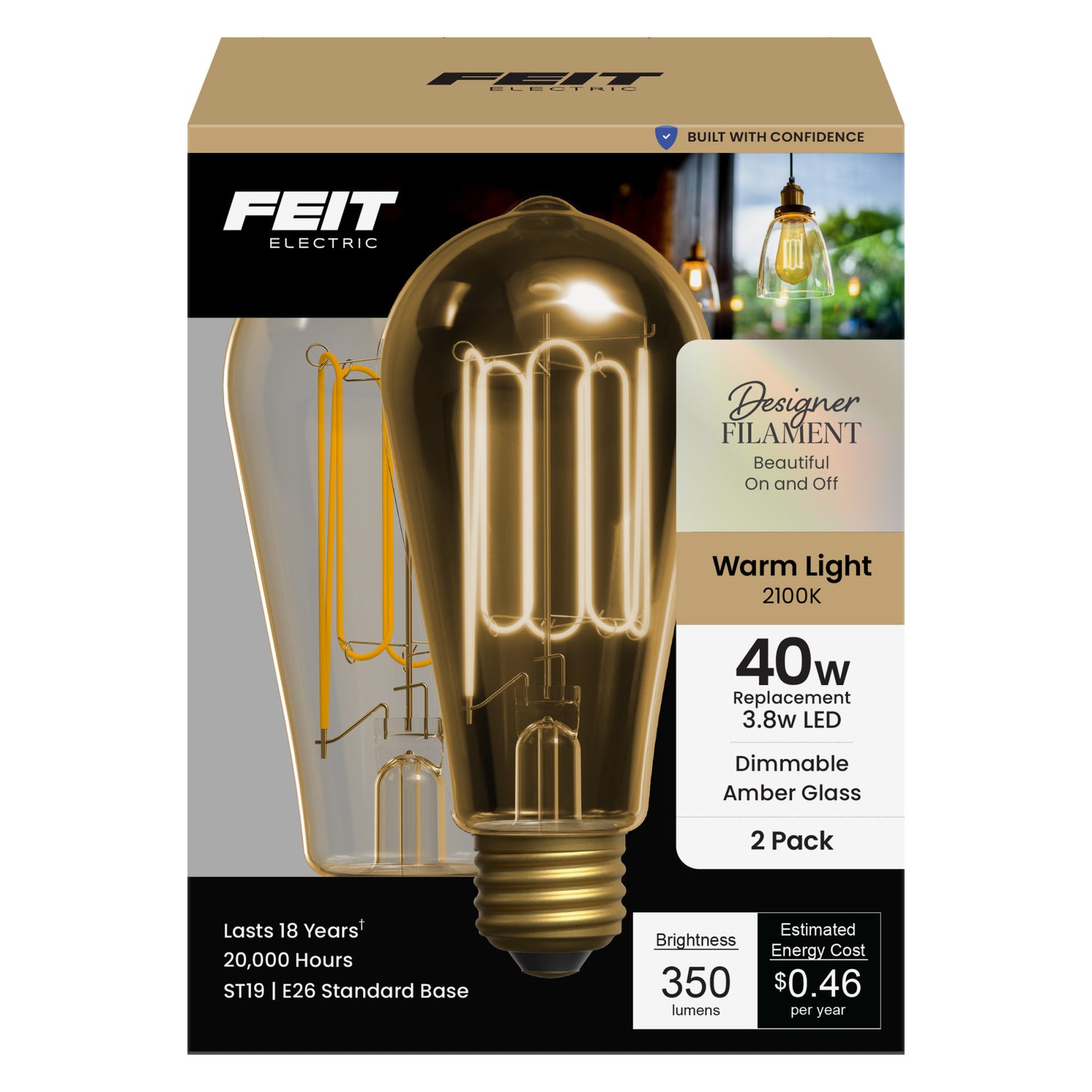 3.8W (40W Replacement) Amber ST19 E26 Dimmable Vintage Wound Filament Edison LED Bulb, Warm Light (2-Pack)