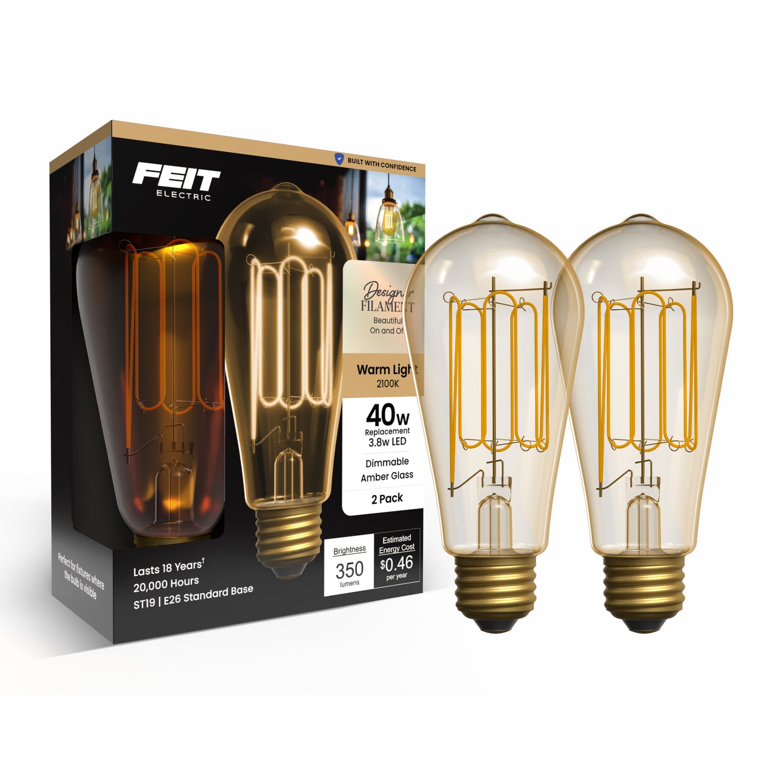 3.8W (40W Replacement) Amber ST19 E26 Dimmable Vintage Wound Filament Edison LED Bulb, Warm Light (2-Pack)