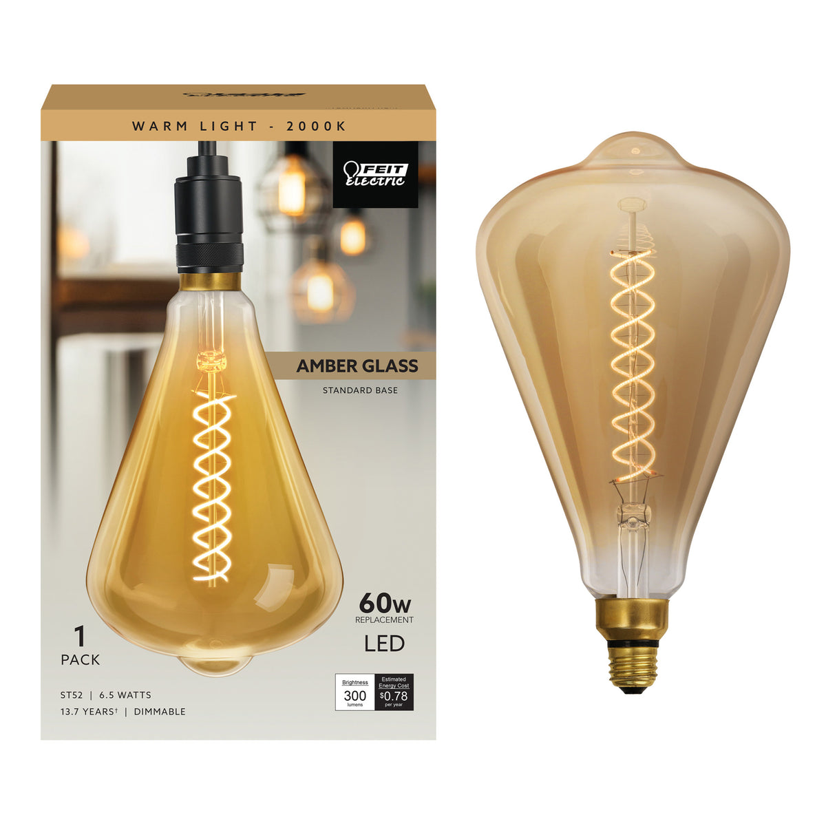 6.5W (60W Replacement) ST52 E26 Dimmable Spiral Filament Amber Glass Vintage Edison LED Light Bulb, Warm Light