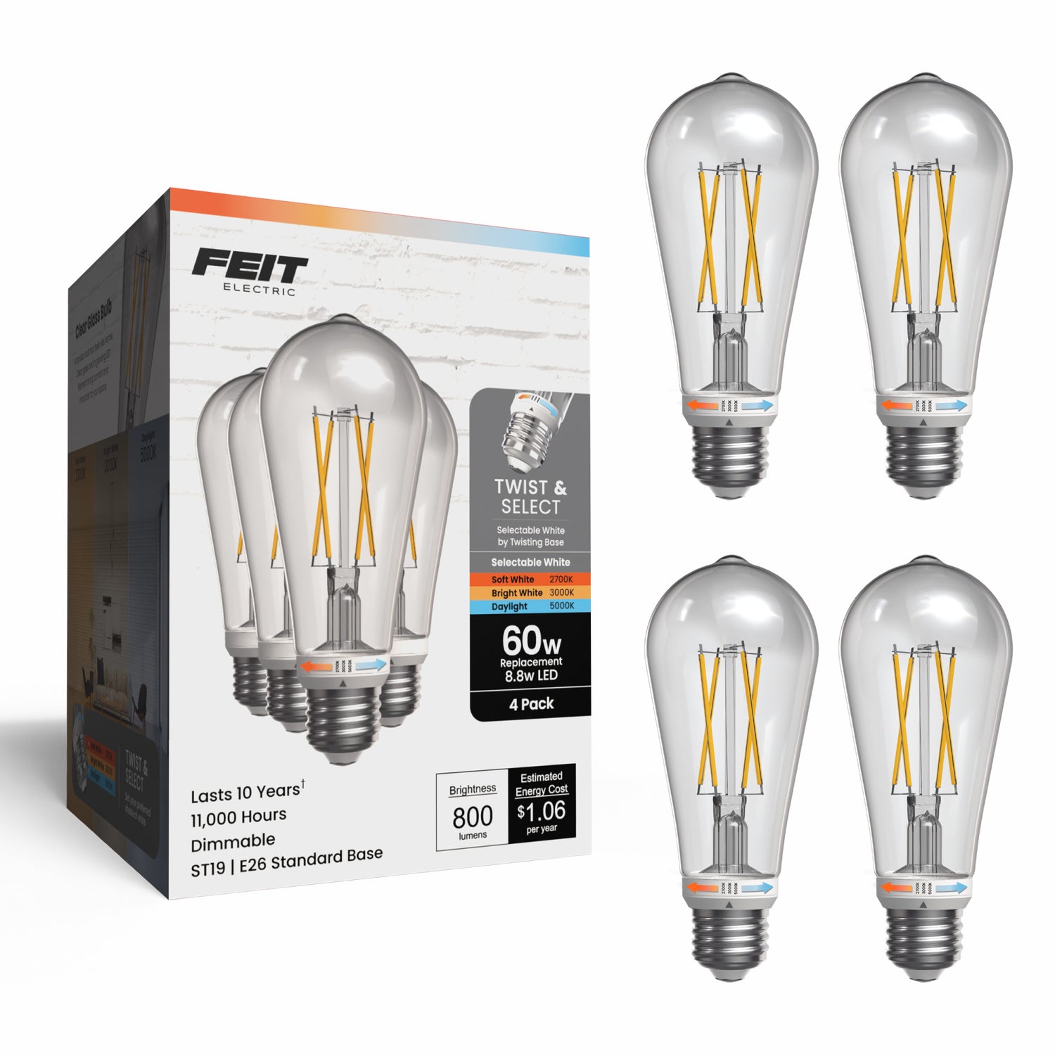 8.8W (60W Replacement) Twist & Select ST19 E26 Dimmable Edison LED Bulb (4-Pack)