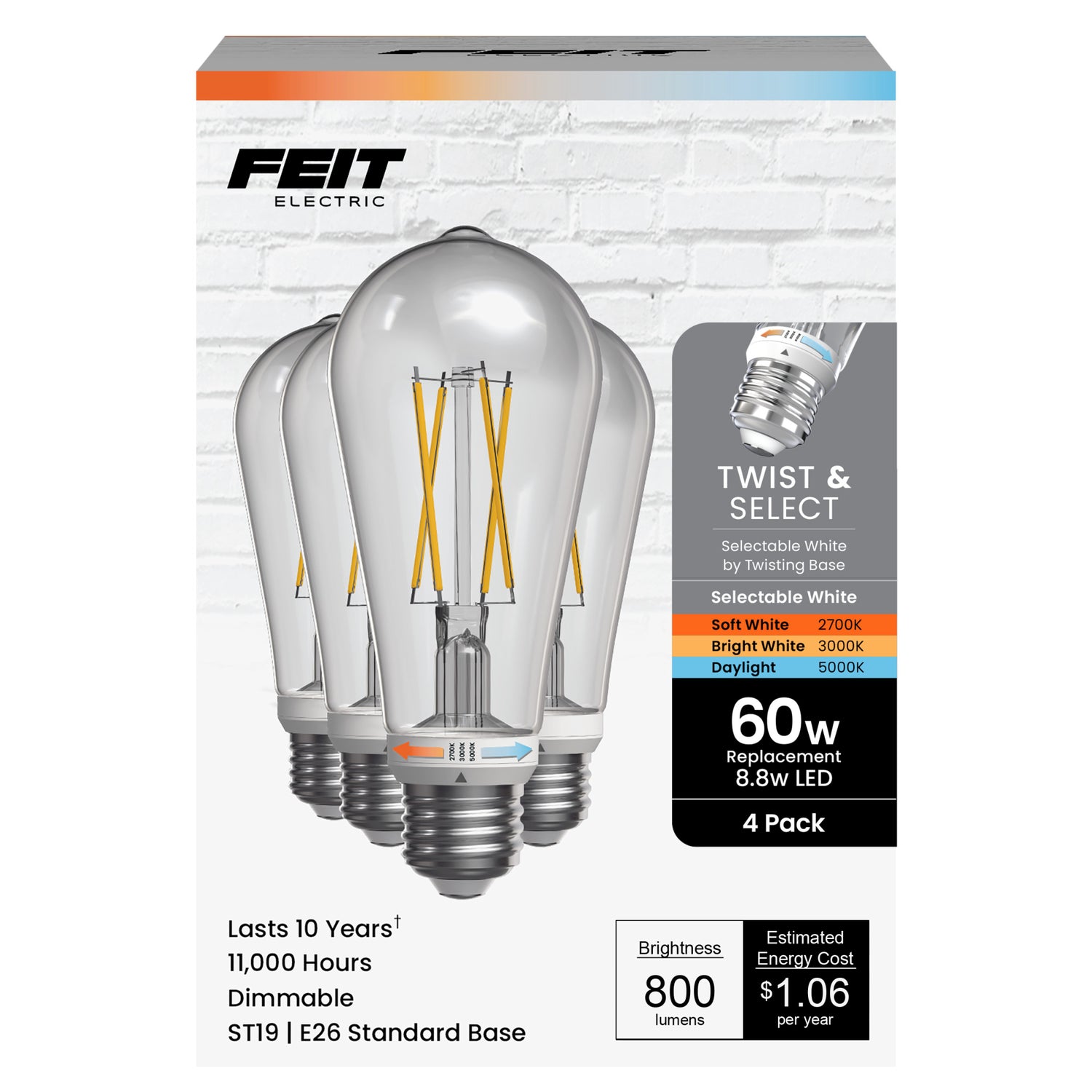 8.8W (60W Replacement) Twist & Select ST19 E26 Dimmable Edison LED Bulb (4-Pack)