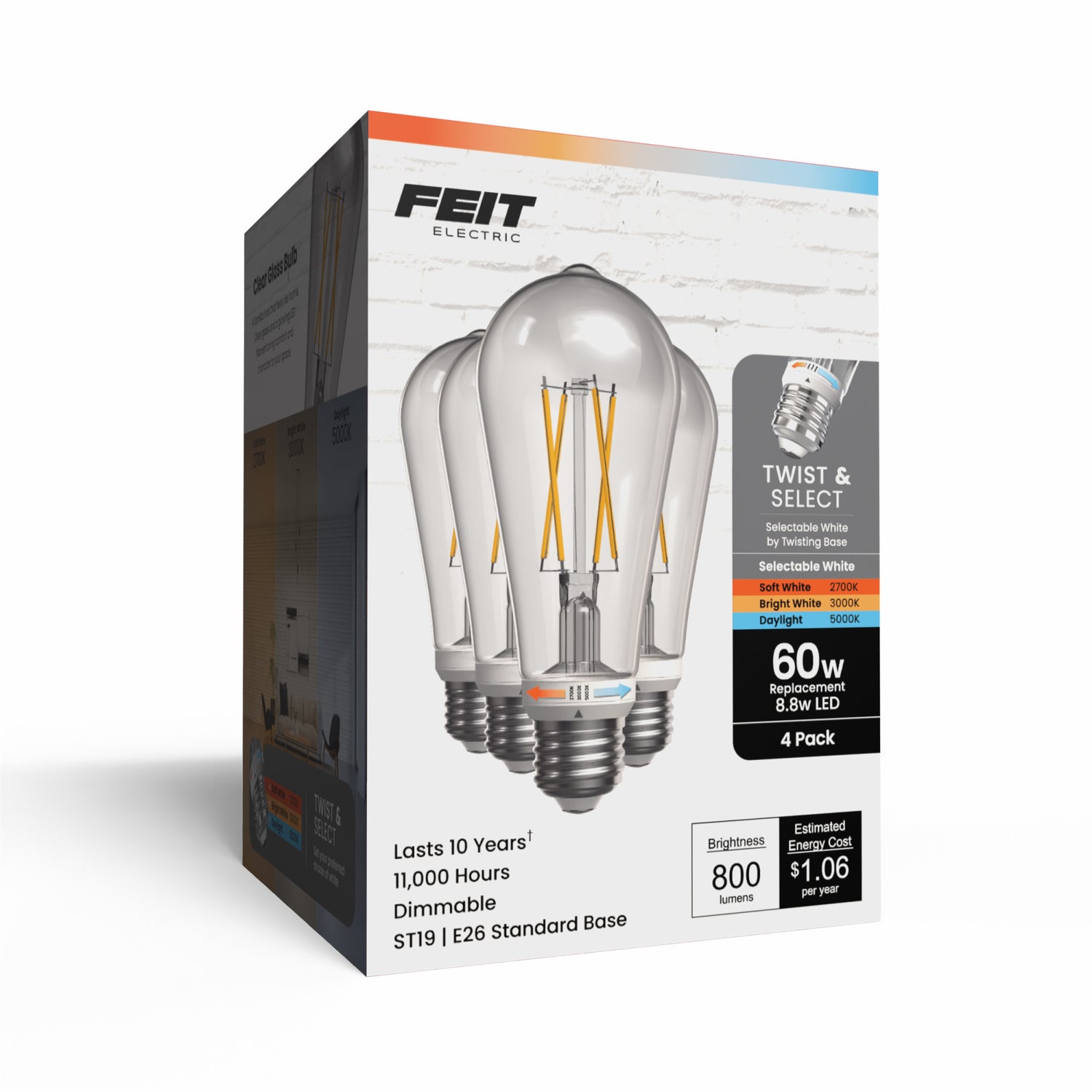 8.8W (60W Replacement) Twist & Select ST19 E26 Dimmable Edison LED Bulb (4-Pack)