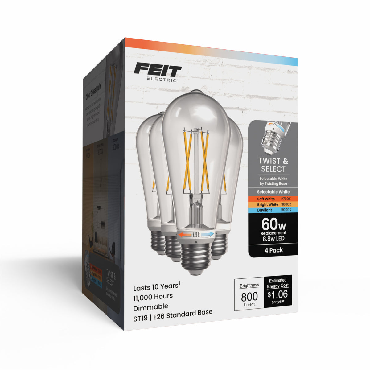 8.8W (60W Replacement) Twist & Select ST19 E26 Dimmable Edison LED Bulb (4-Pack)