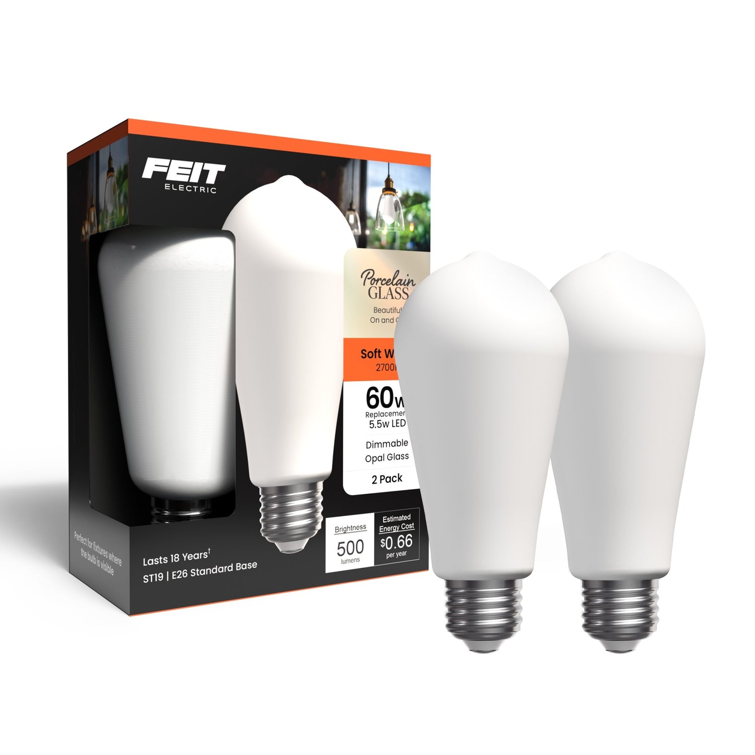 5.5W (60W Replacement) ST19 E26 Dimmable Porcelain Edison LED Bulb, Soft White (2-Pack)