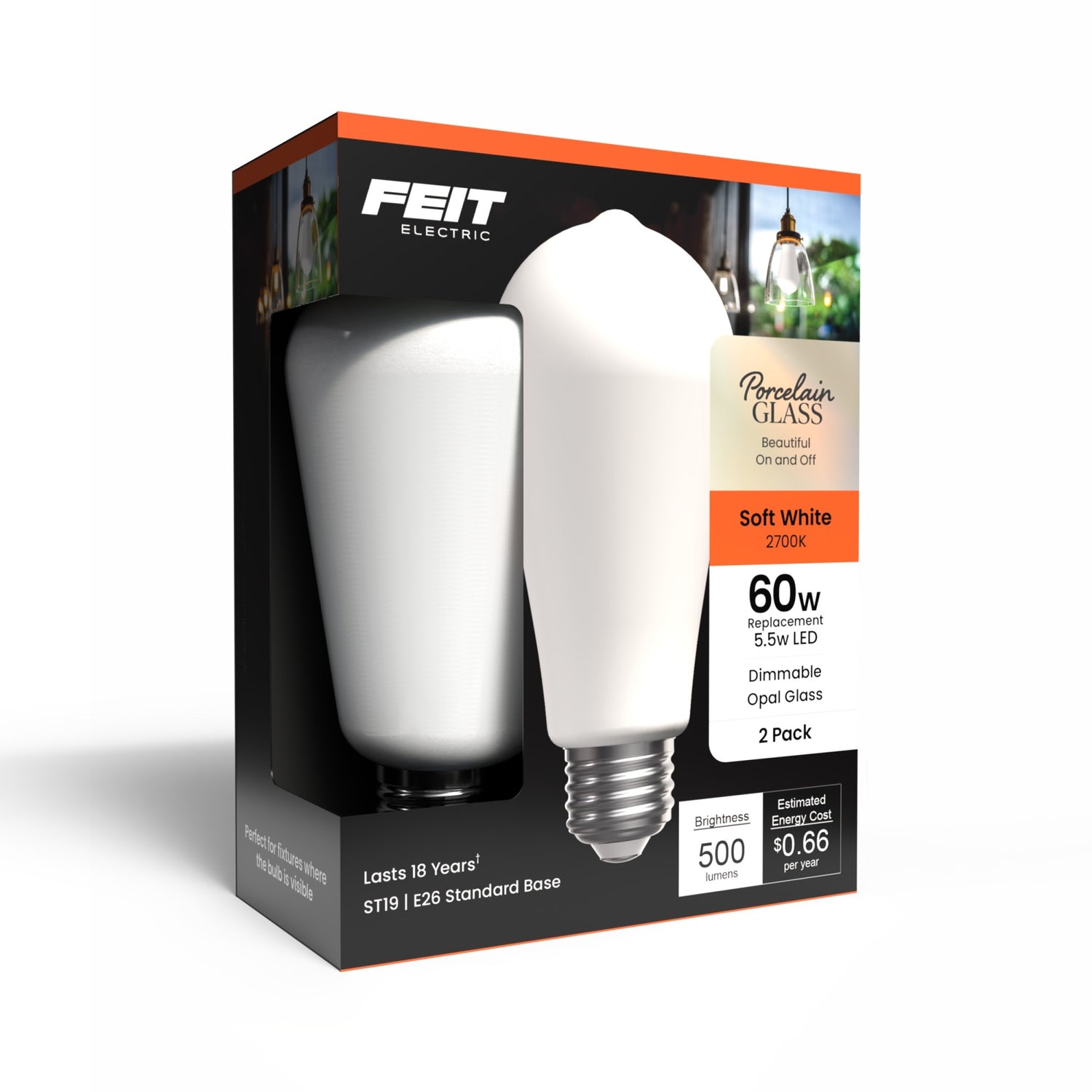 5.5W (60W Replacement) ST19 E26 Dimmable Porcelain Edison LED Bulb, Soft White (2-Pack)