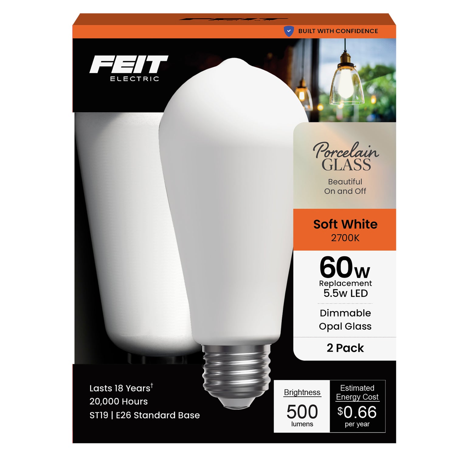 5.5W (60W Replacement) ST19 E26 Dimmable Porcelain Edison LED Bulb, Soft White (2-Pack)