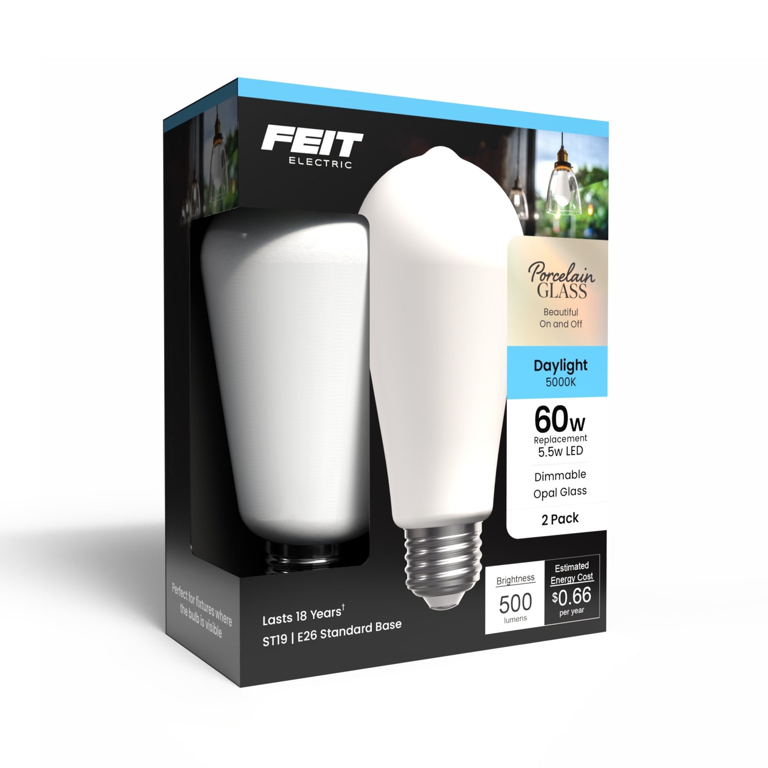5.5W (60W Replacement) ST19 E26 Dimmable Porcelain Edison LED Bulb, Daylight (2-Pack)