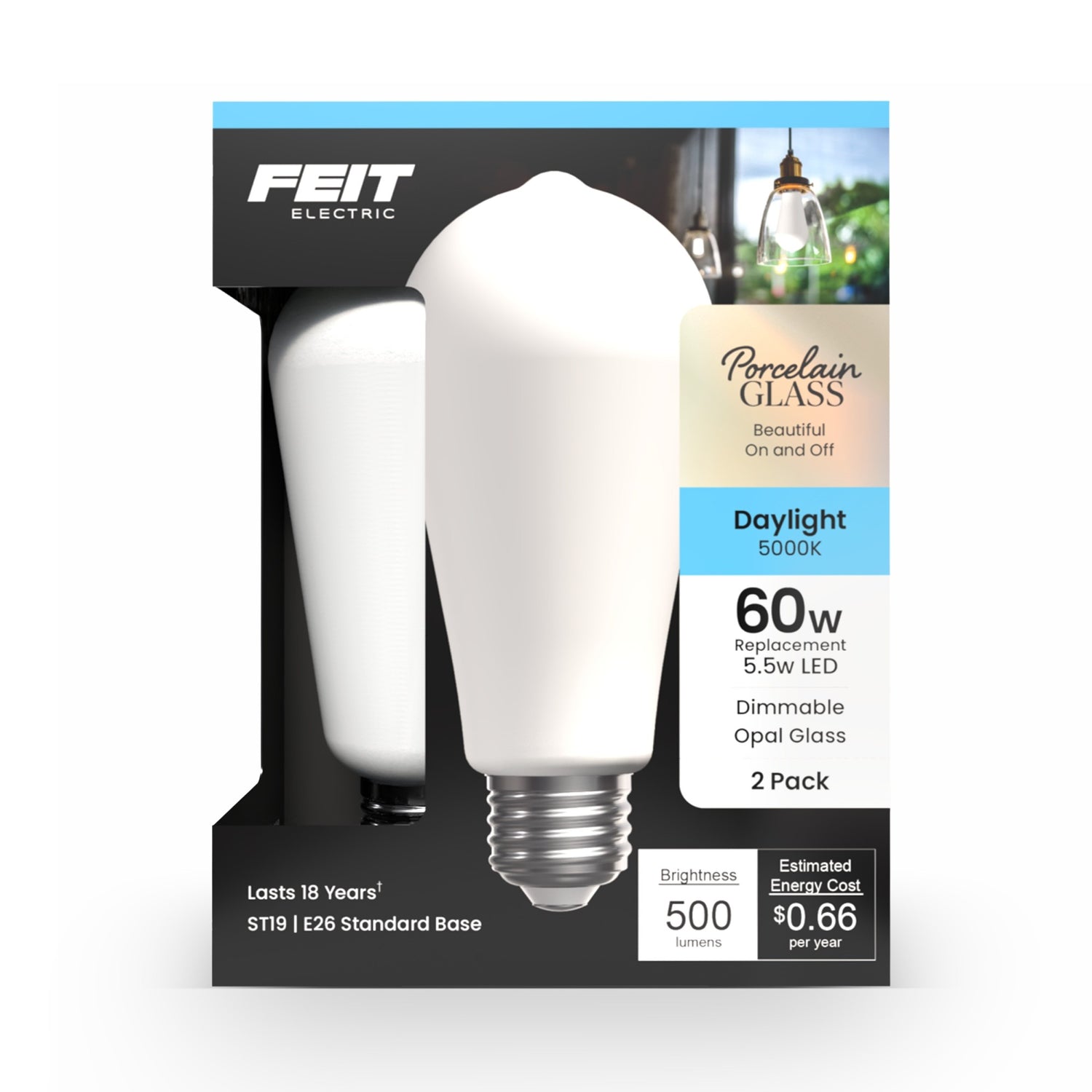 5.5W (60W Replacement) ST19 E26 Dimmable Porcelain Edison LED Bulb, Daylight (2-Pack)