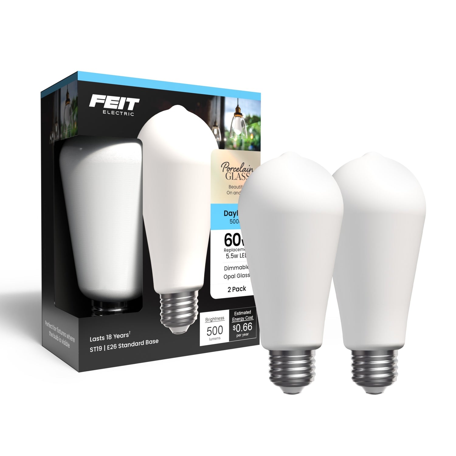 5.5W (60W Replacement) ST19 E26 Dimmable Porcelain Edison LED Bulb, Daylight (2-Pack)