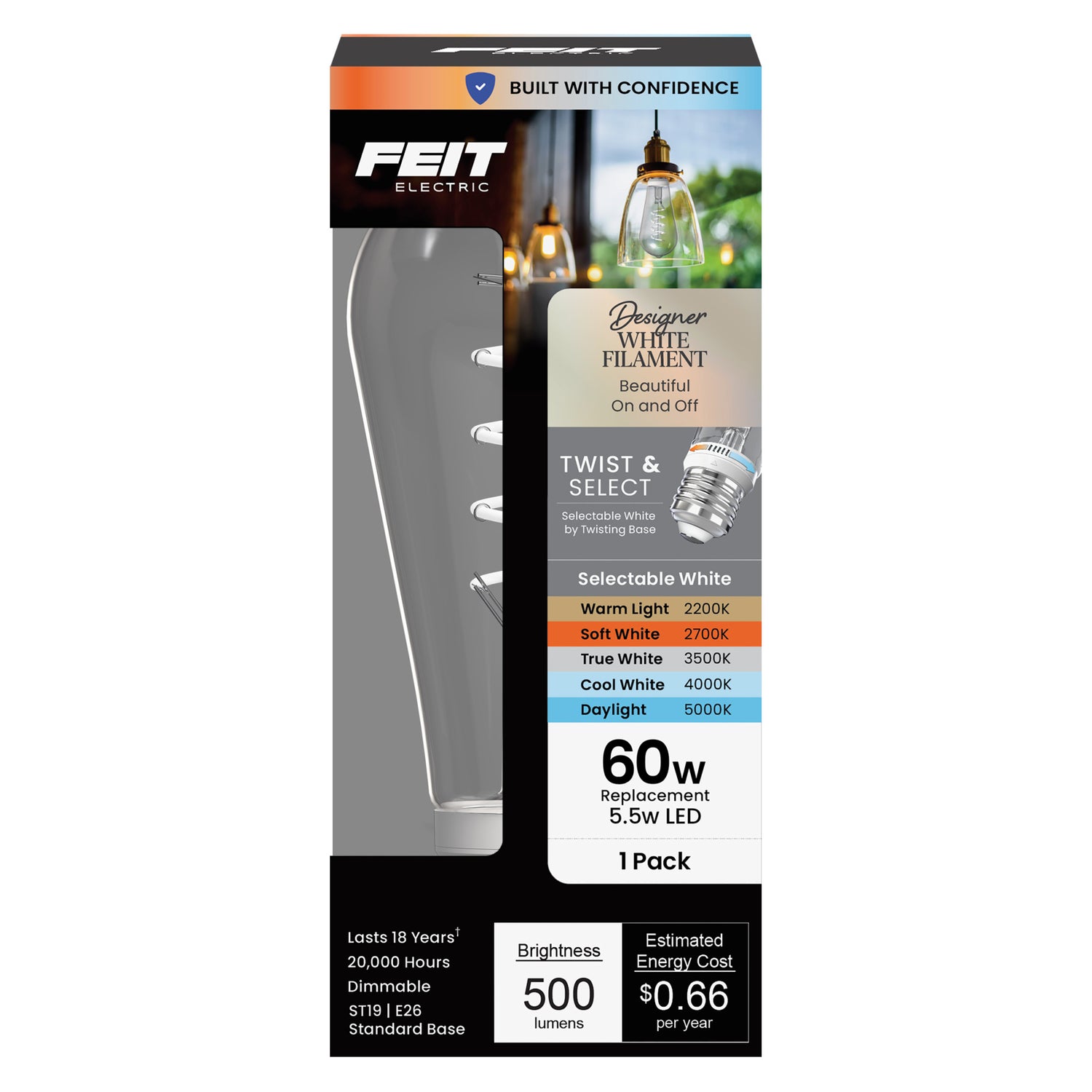 5.5W (60W Replacement) Twist & Select ST19 E26 Dimmable Spiral White Filament Clear Edison LED Bulb