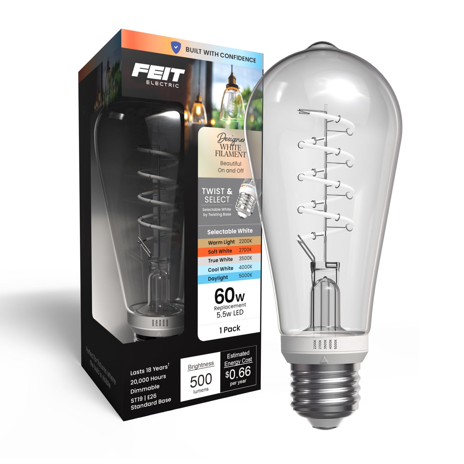 5.5W (60W Replacement) Twist & Select ST19 E26 Dimmable Spiral White Filament Clear Edison LED Bulb