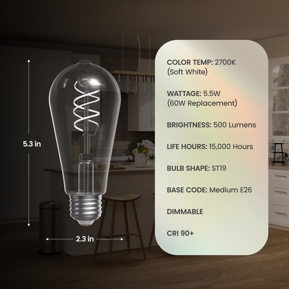 5.5W (60W Replacement) ST19 E26 Dimmable Designer Spiral White Filament Edison LED Bulb, Soft White (2-Pack)