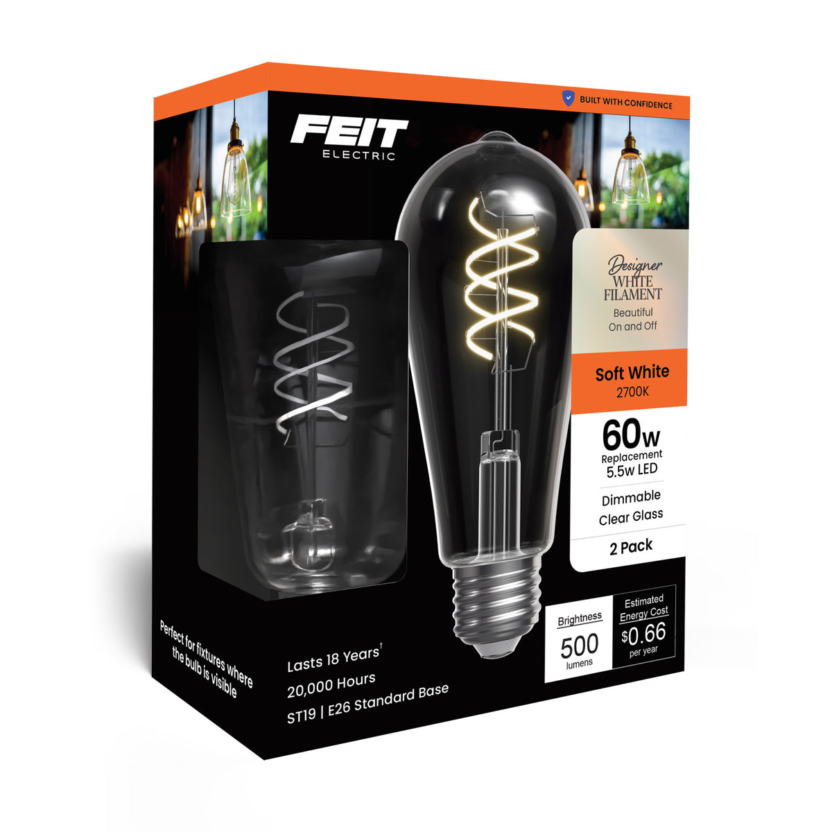 5.5W (60W Replacement) ST19 E26 Dimmable Designer Spiral White Filament Edison LED Bulb, Soft White (2-Pack)