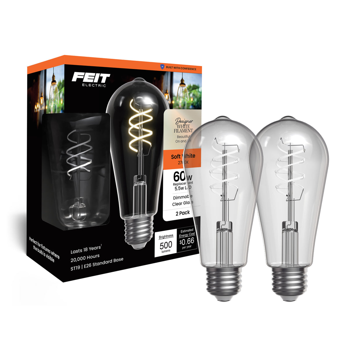 5.5W (60W Replacement) ST19 E26 Dimmable Designer Spiral White Filament Edison LED Bulb, Soft White (2-Pack)