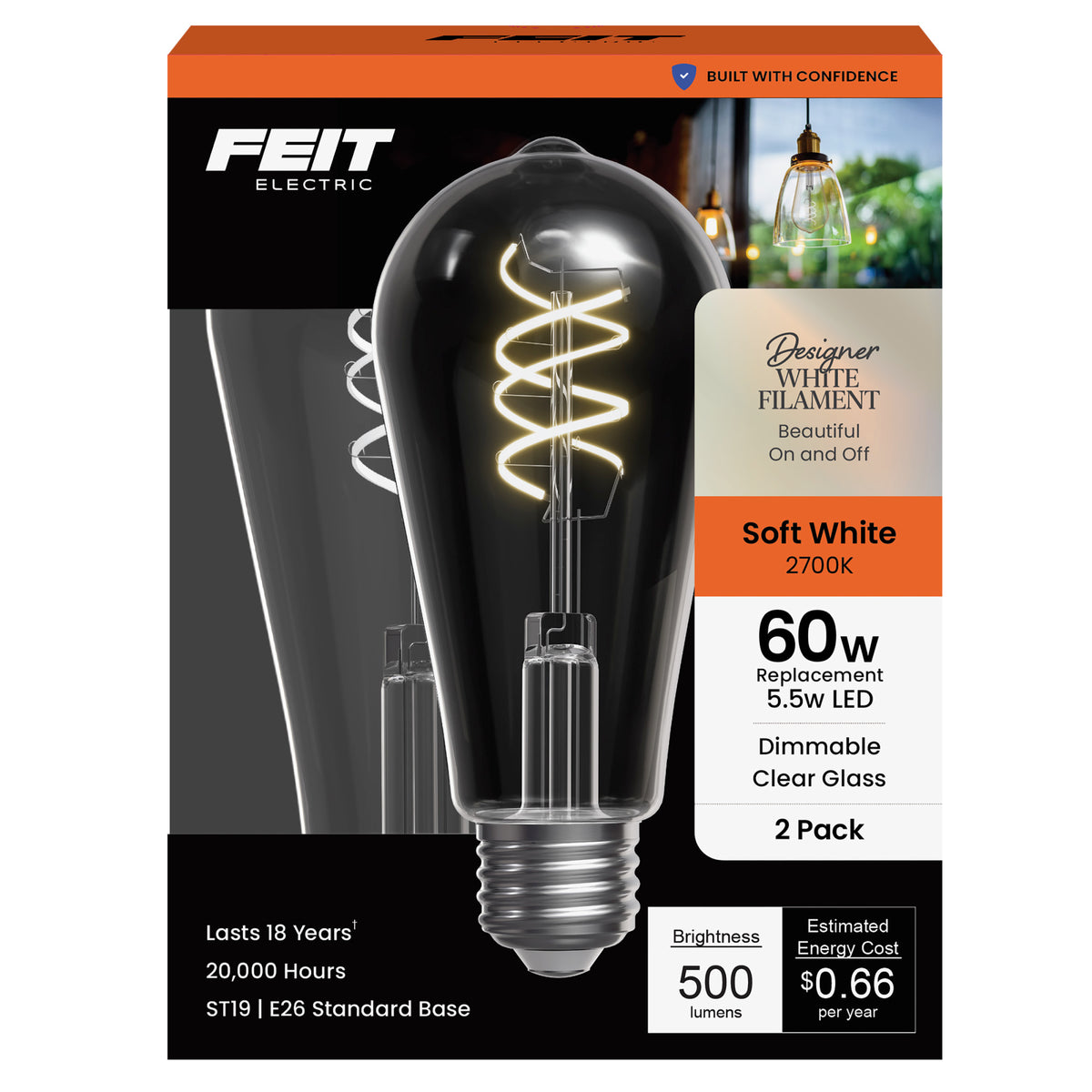 5.5W (60W Replacement) ST19 E26 Dimmable Designer Spiral White Filament Edison LED Bulb, Soft White (2-Pack)