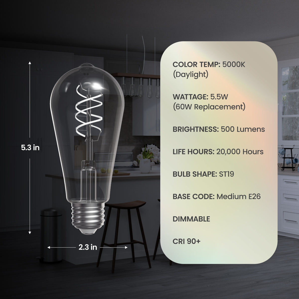 5.5W (60W Replacement) ST19 E26 Dimmable Designer Spiral White Filament Edison LED Bulb, Daylight (2-Pack)
