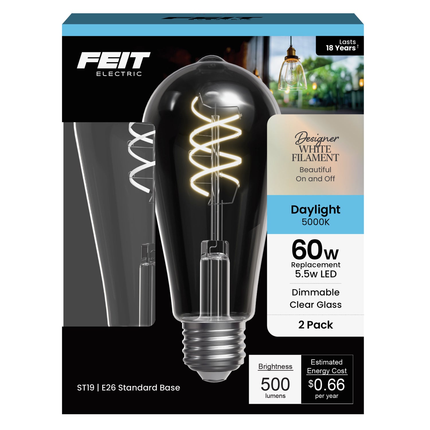 5.5W (60W Replacement) ST19 E26 Dimmable Designer Spiral White Filament Edison LED Bulb, Daylight (2-Pack)