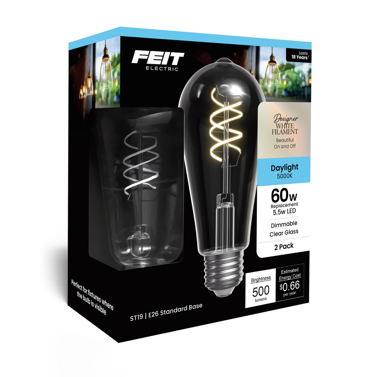5.5W (60W Replacement) ST19 E26 Dimmable Designer Spiral White Filament Edison LED Bulb, Daylight (2-Pack)