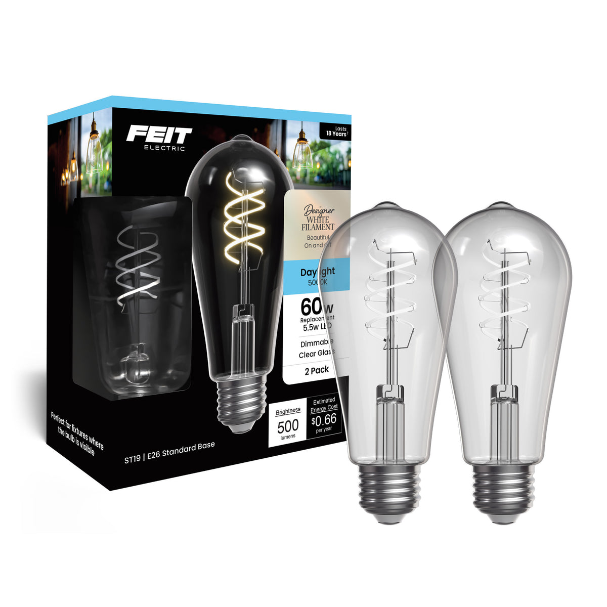 5.5W (60W Replacement) ST19 E26 Dimmable Designer Spiral White Filament Edison LED Bulb, Daylight (2-Pack)
