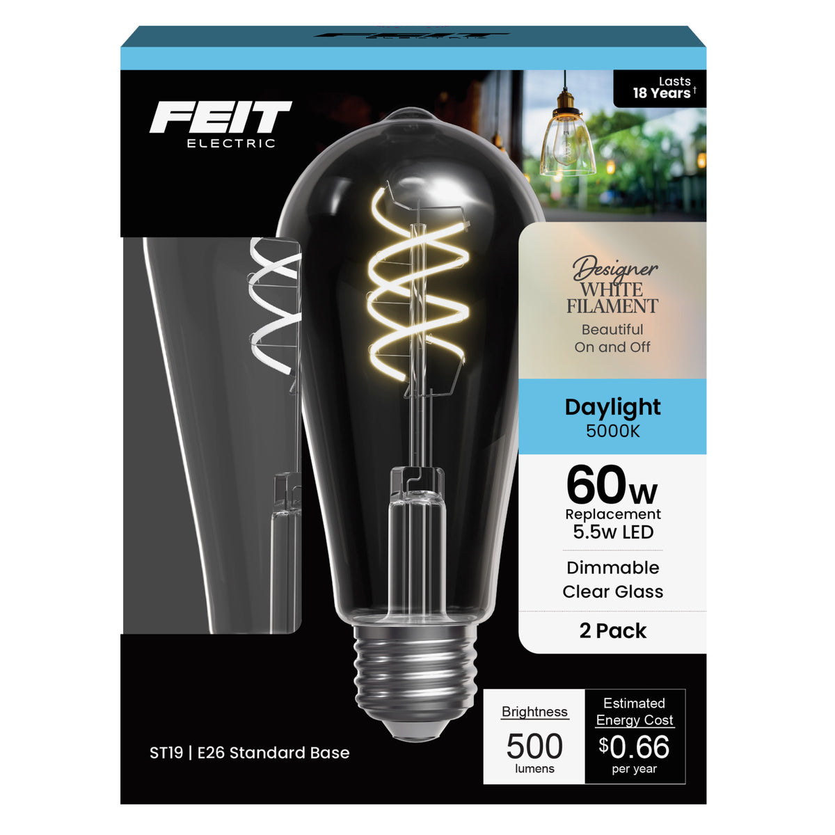 5.5W (60W Replacement) ST19 E26 Dimmable Designer Spiral White Filament Edison LED Bulb, Daylight (2-Pack)
