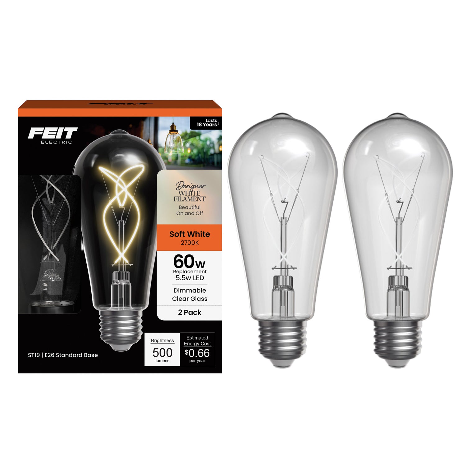 5.5W (60W Replacement) ST19 E26 Dimmable Designer Knot White Filament Edison LED Bulb, Soft White (2-Pack)