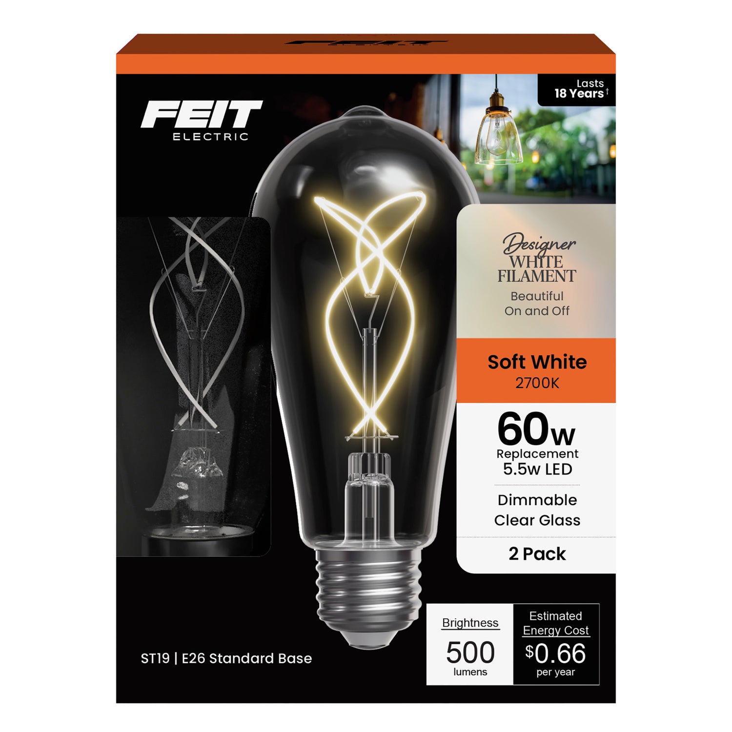 5.5W (60W Replacement) ST19 E26 Dimmable Designer Knot White Filament Edison LED Bulb, Soft White (2-Pack)