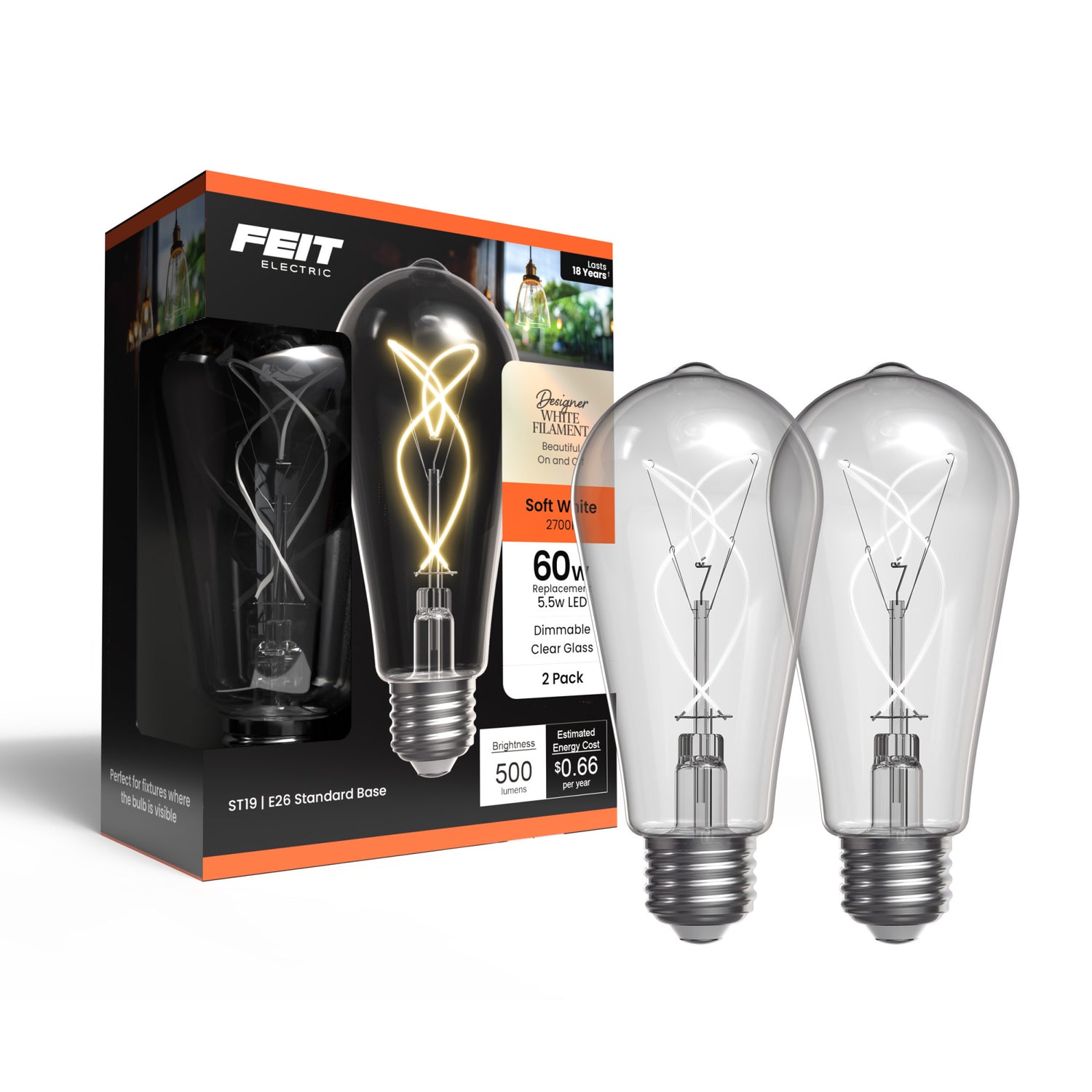 5.5W (60W Replacement) ST19 E26 Dimmable Designer Knot White Filament Edison LED Bulb, Soft White (2-Pack)