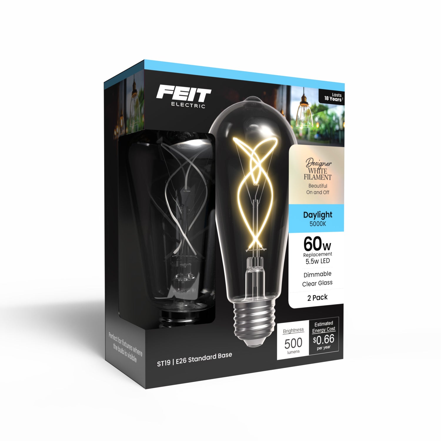 5.5W (60W Replacement) ST19 E26 Dimmable Designer Knot White Filament Edison LED Bulb, Daylight (2-Pack)