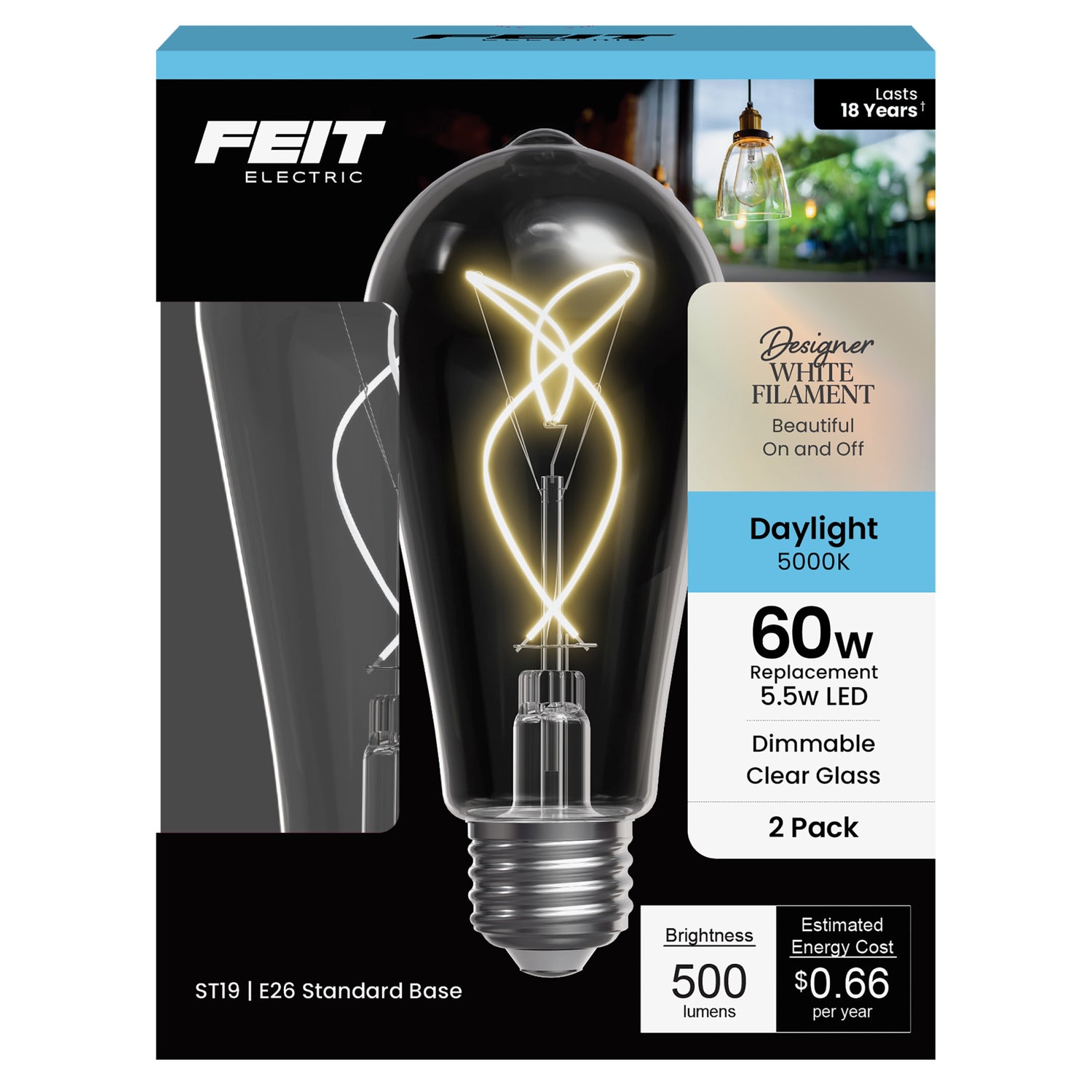 5.5W (60W Replacement) ST19 E26 Dimmable Designer Knot White Filament Edison LED Bulb, Daylight (2-Pack)
