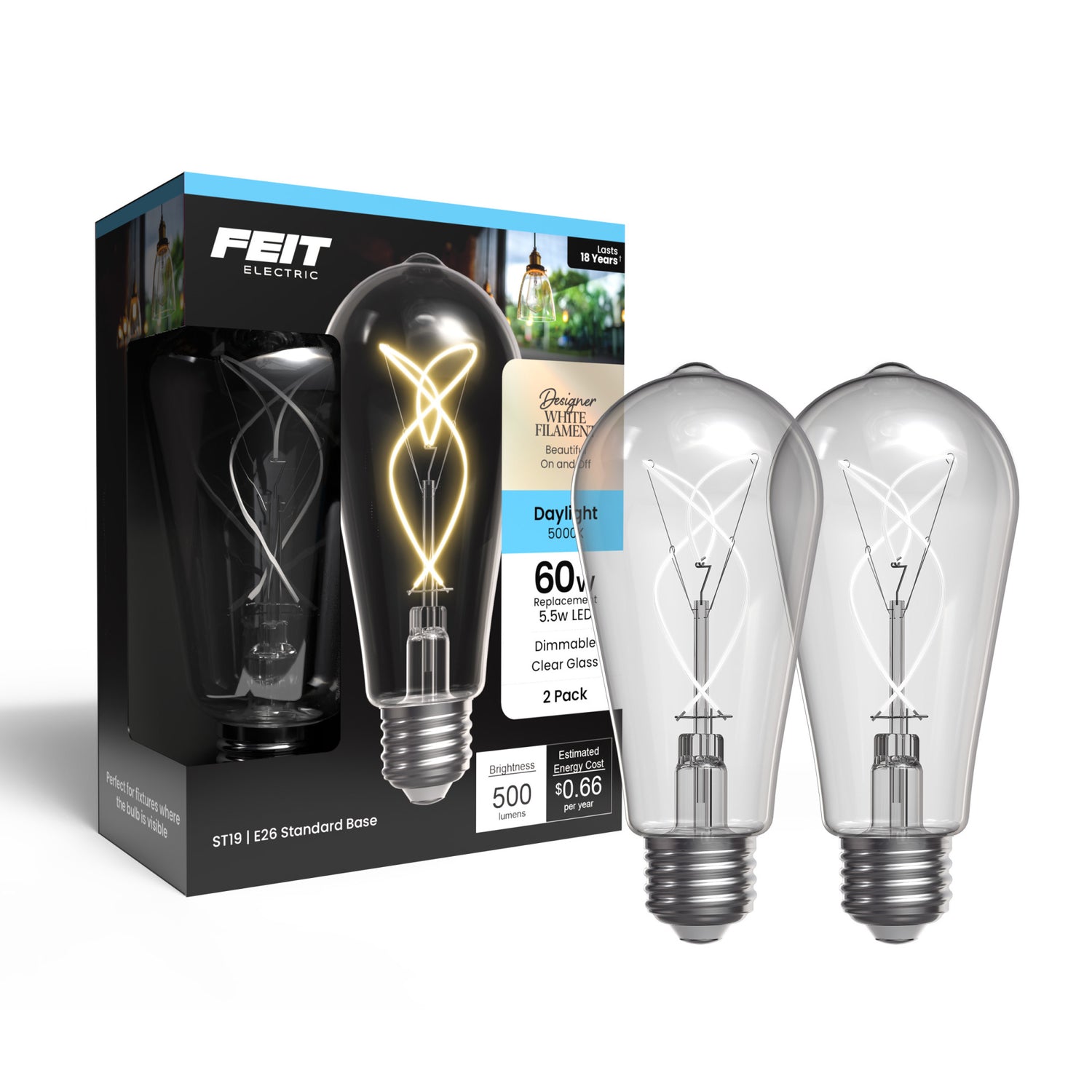 5.5W (60W Replacement) ST19 E26 Dimmable Designer Knot White Filament Edison LED Bulb, Daylight (2-Pack)