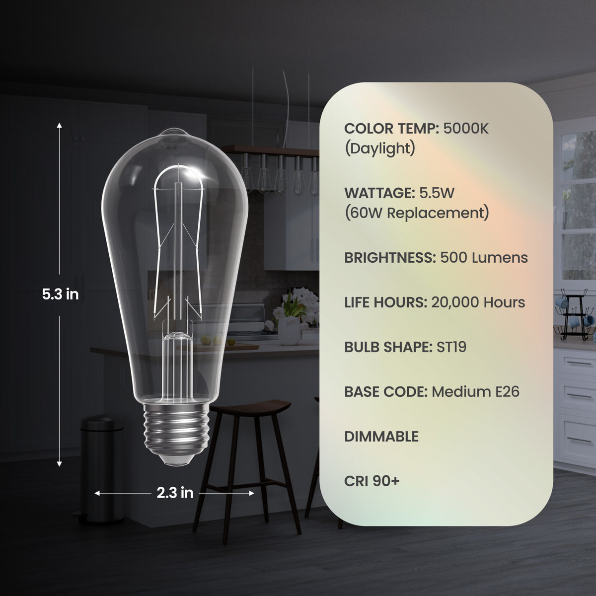 5.5W (60W Replacement) ST19 E26 Dimmable Designer U White Filament Edison LED Bulb, Daylight (2-Pack)
