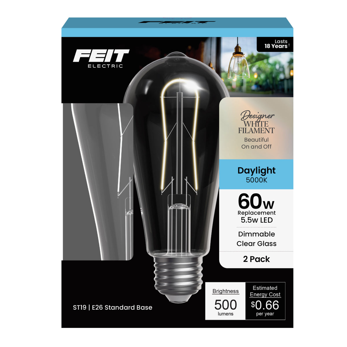 5.5W (60W Replacement) ST19 E26 Dimmable Designer U White Filament Edison LED Bulb, Daylight (2-Pack)
