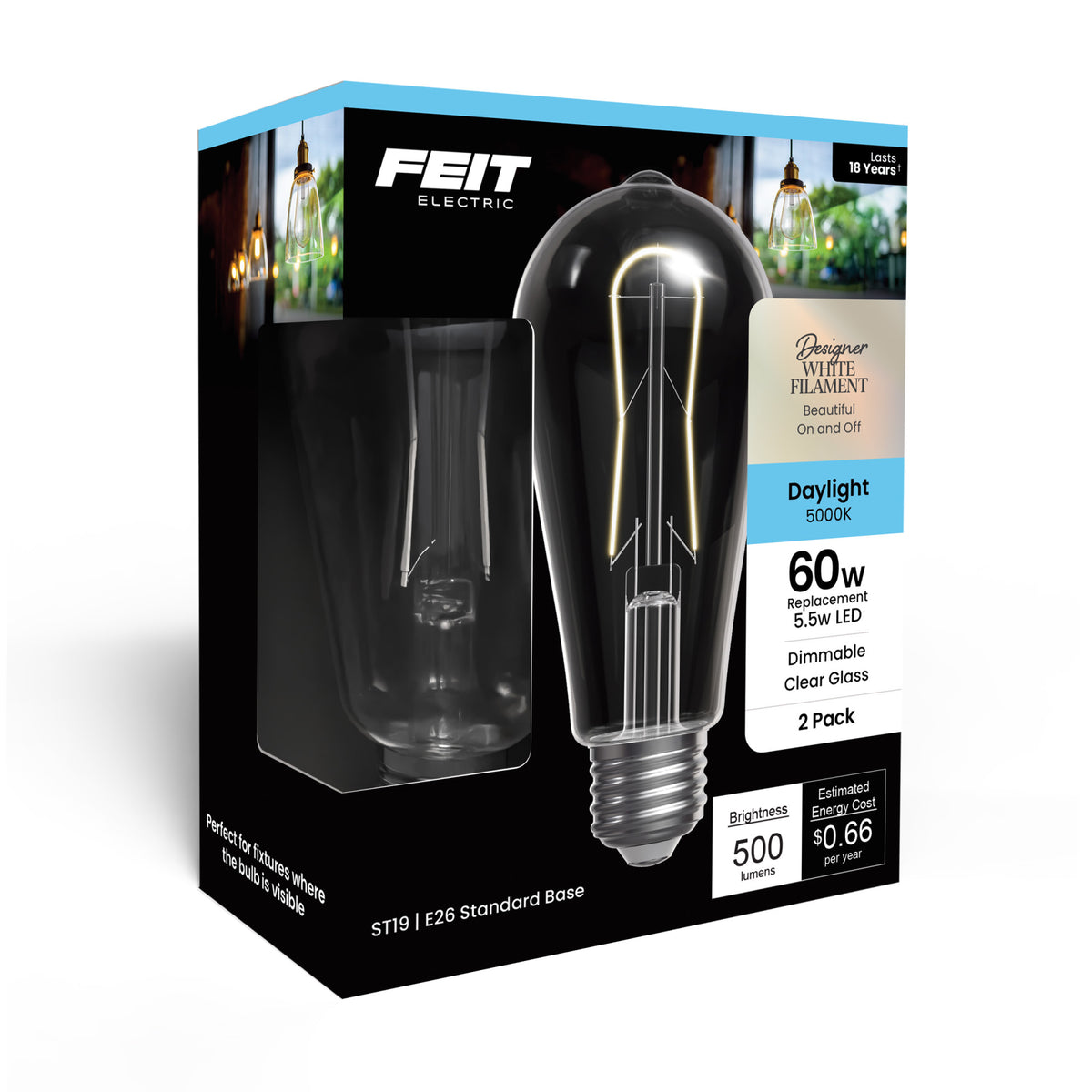 5.5W (60W Replacement) ST19 E26 Dimmable Designer U White Filament Edison LED Bulb, Daylight (2-Pack)