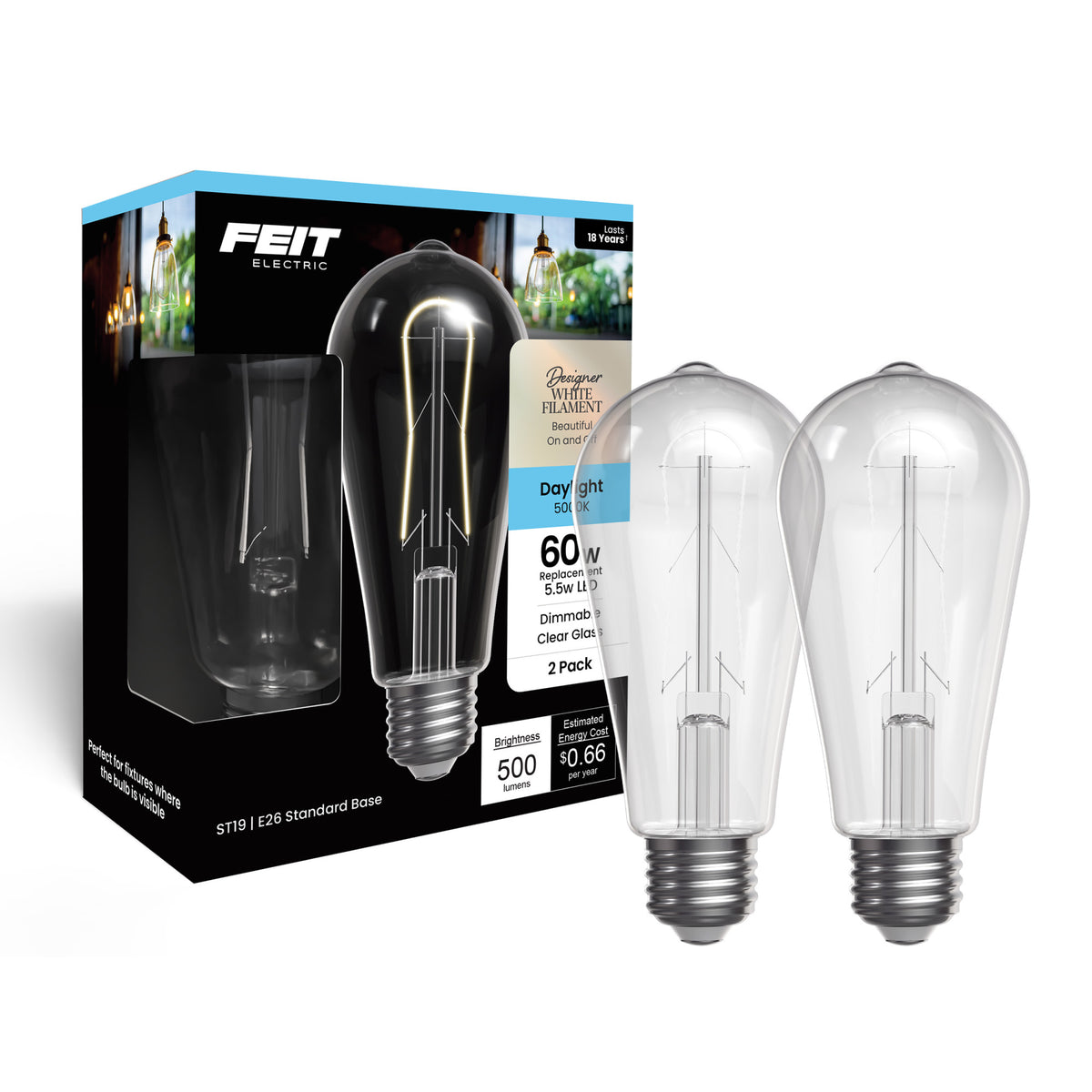 5.5W (60W Replacement) ST19 E26 Dimmable Designer U White Filament Edison LED Bulb, Daylight (2-Pack)