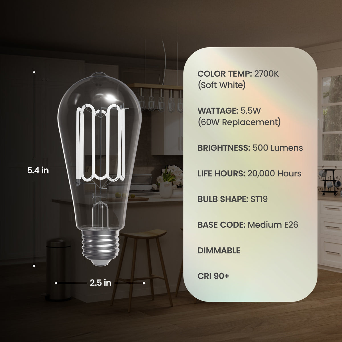 5.5W (60W Replacement) ST19 E26 Dimmable Designer Wound White Filament Edison LED Bulb, Soft White (2-Pack)