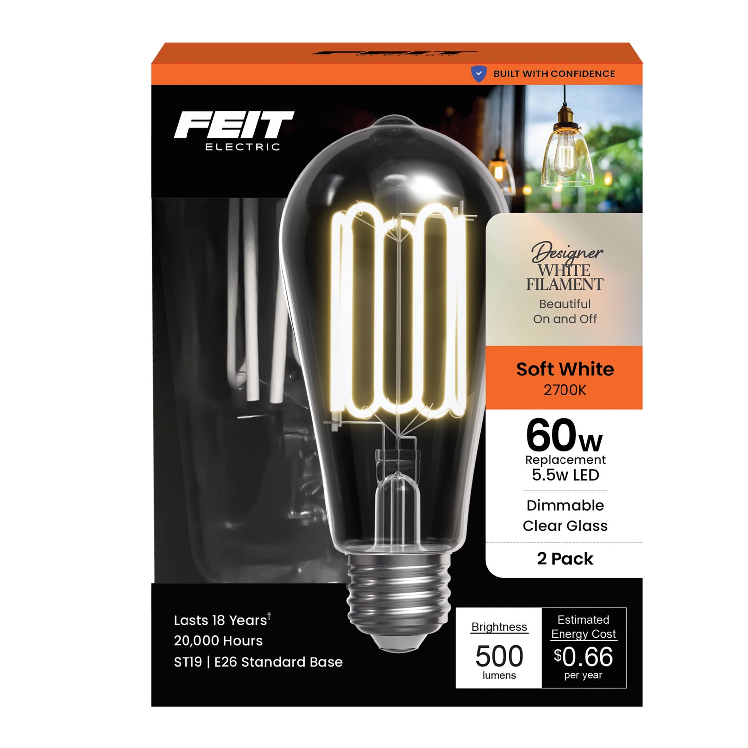 5.5W (60W Replacement) ST19 E26 Dimmable Designer Wound White Filament Edison LED Bulb, Soft White (2-Pack)